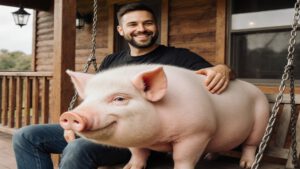 Ein Mann und ein Schwein auf der Veranda