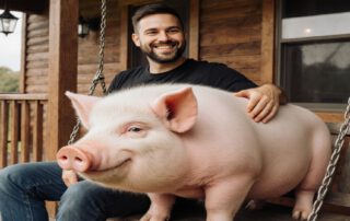 Ein Mann und ein Schwein auf der Veranda